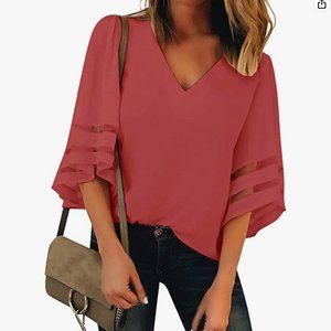 LookbookStore Red Women's V Neck Mesh Panel Blouse 3/4 Bell Sleeve | Medium